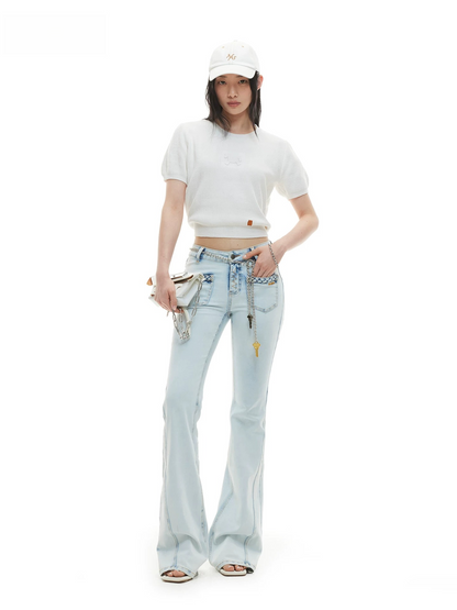 Braided Detail Mid-Rise Slim Flared Denim Jeans