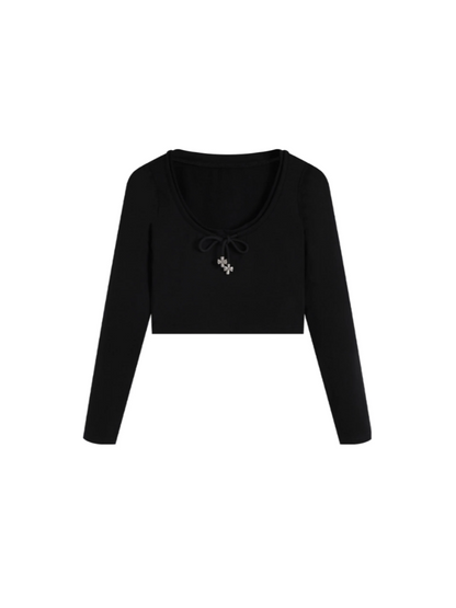Bow Low-Cut Long-Sleeved Top