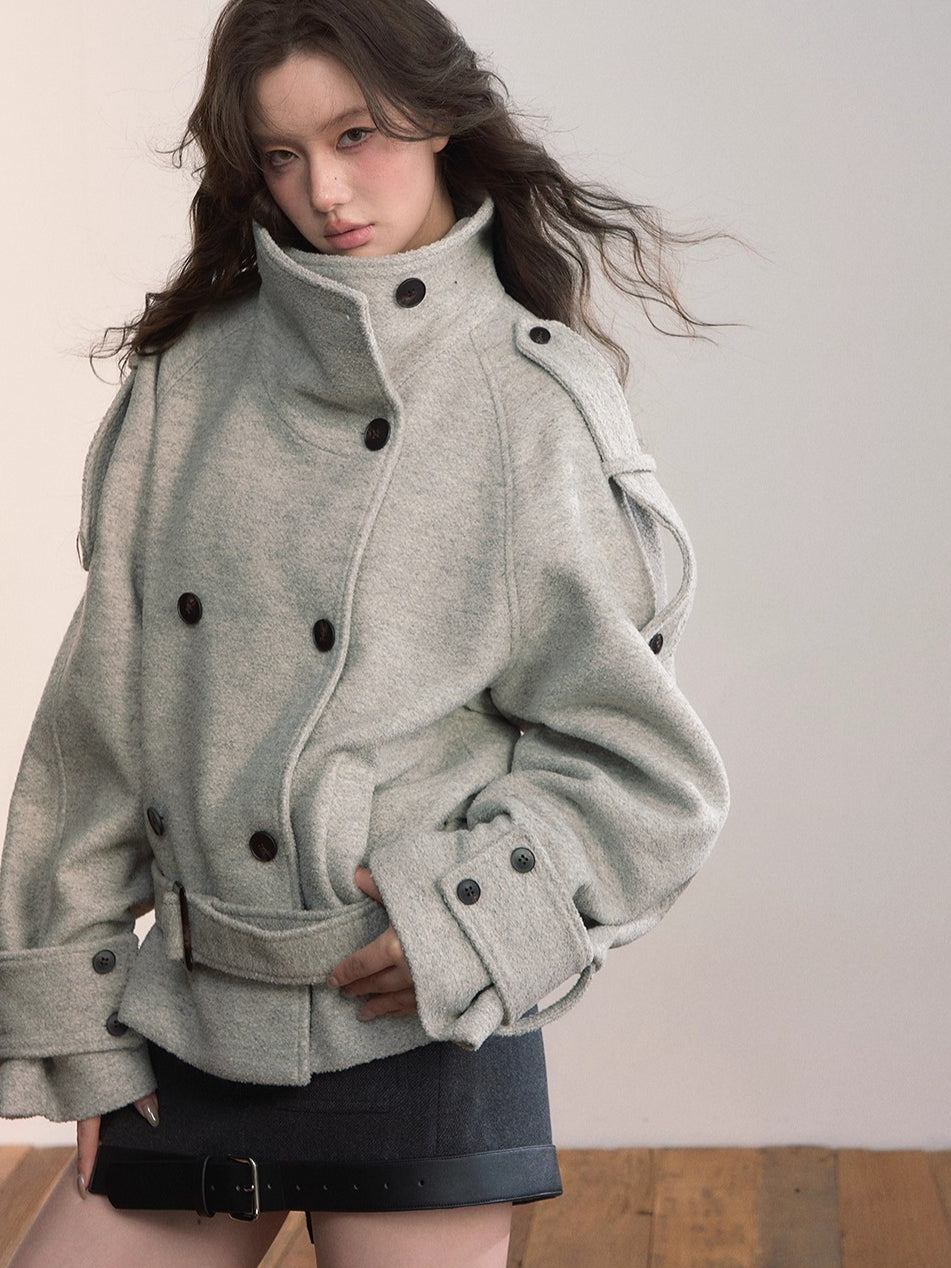 Contrast Double-Breasted Wool-Blend Belted Jacket
