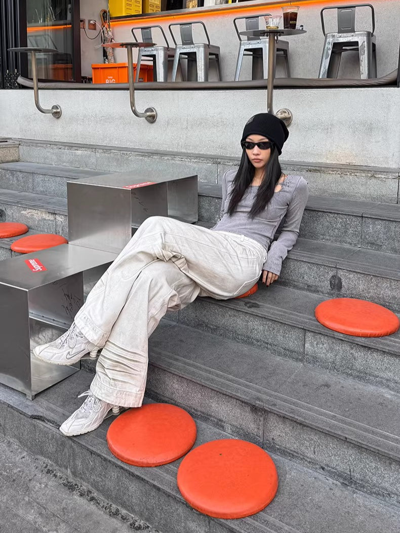 Side-Placket White Denim Jeans