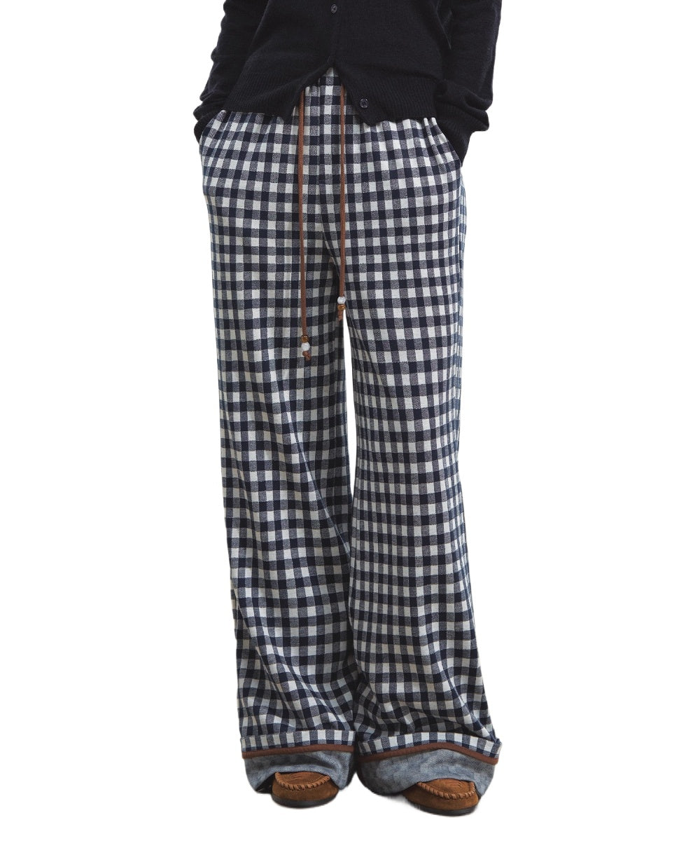 Checkered Cuff Wide‑Leg Pants
