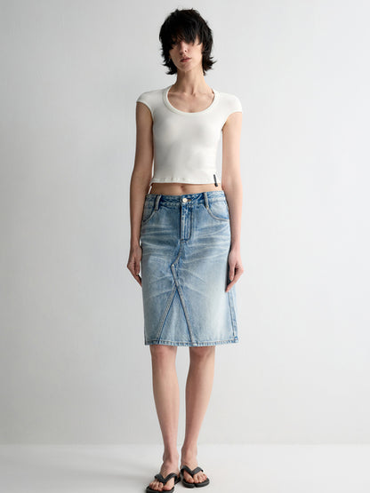 Deep U-Neck Ruffled Short Sleeve T-shirt
