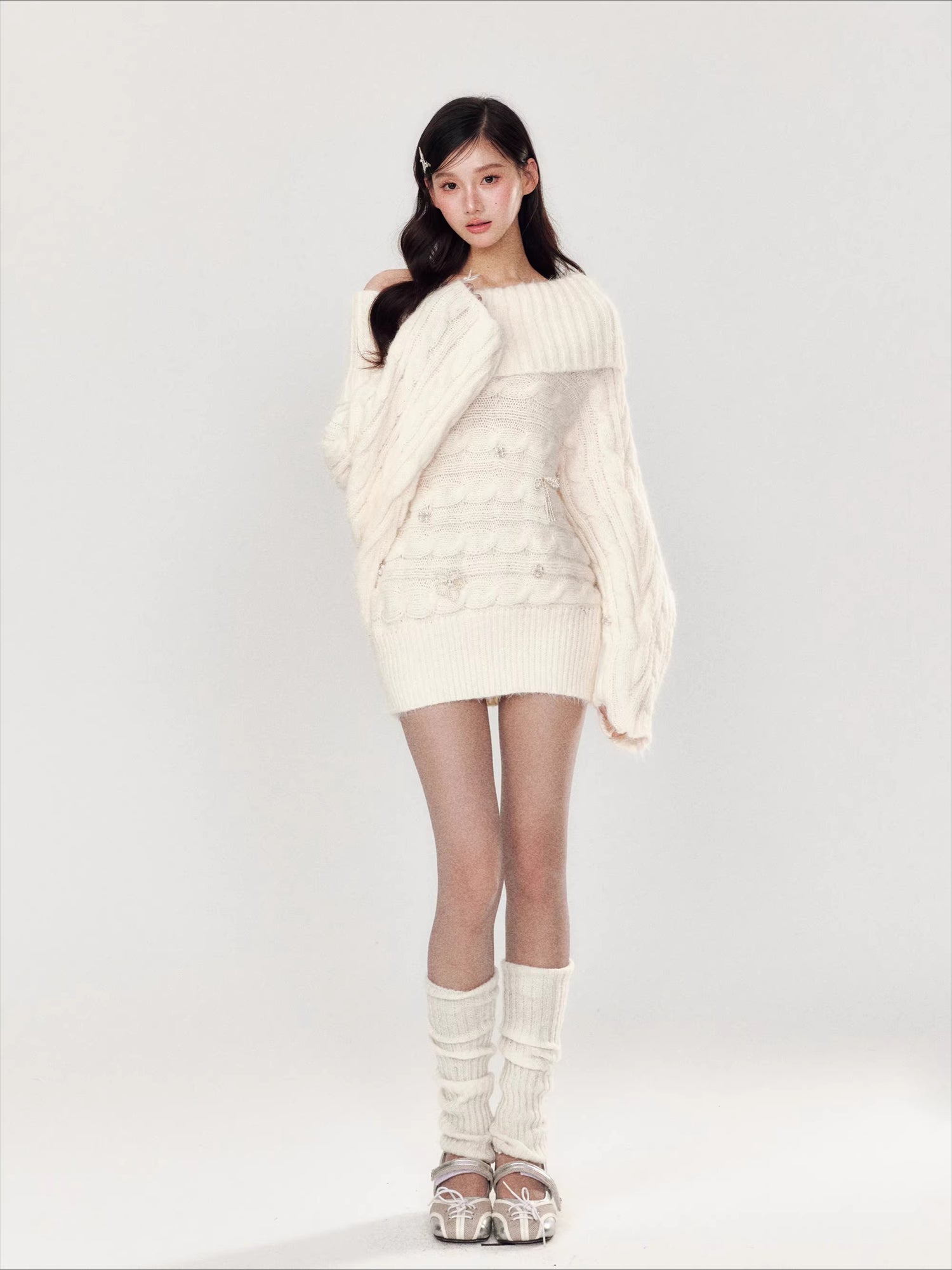 Hand-Embellished Beaded Off-Shoulder Knit Sweater