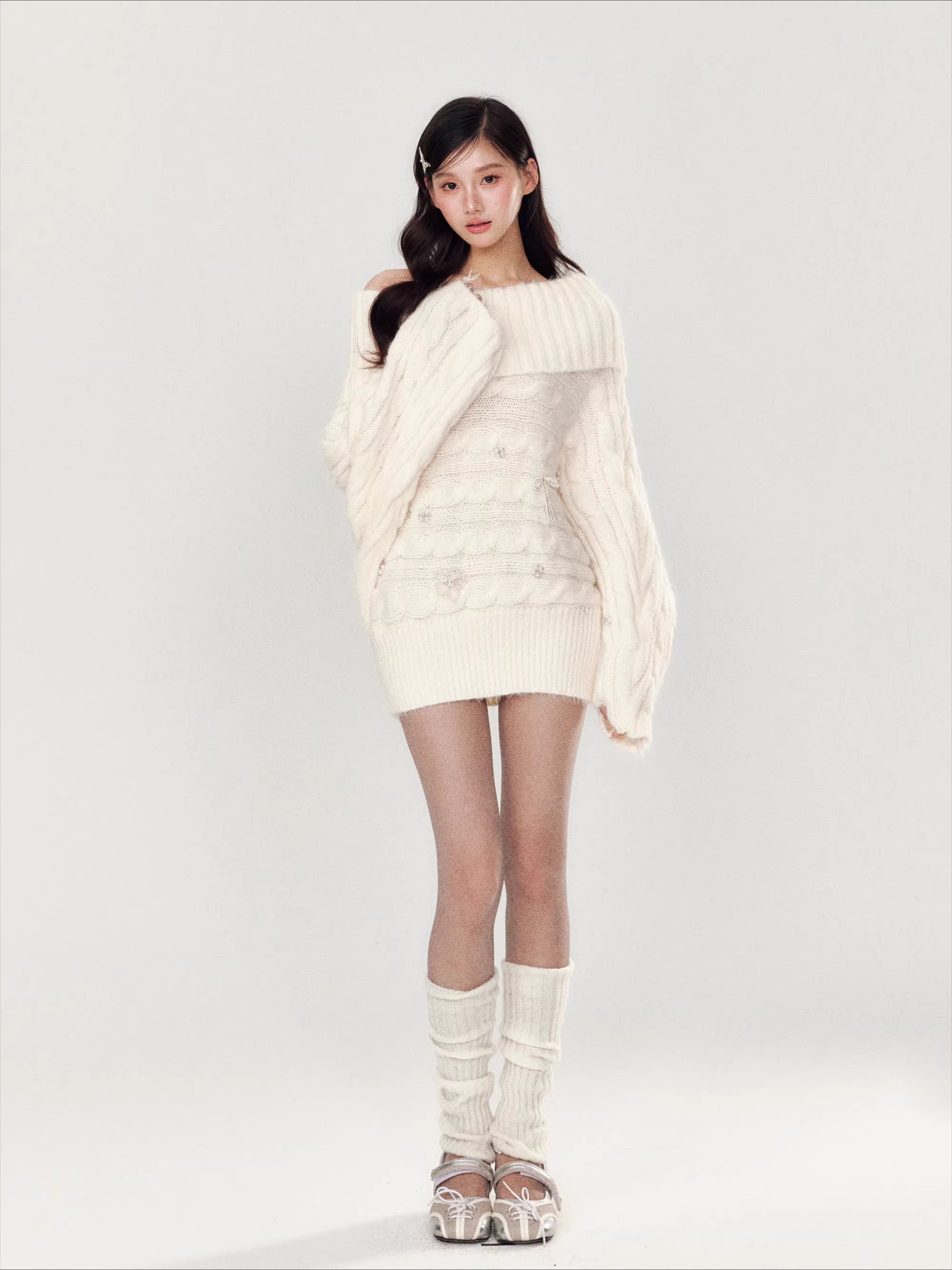 Hand-Embellished Beaded Off-Shoulder Knit Sweater