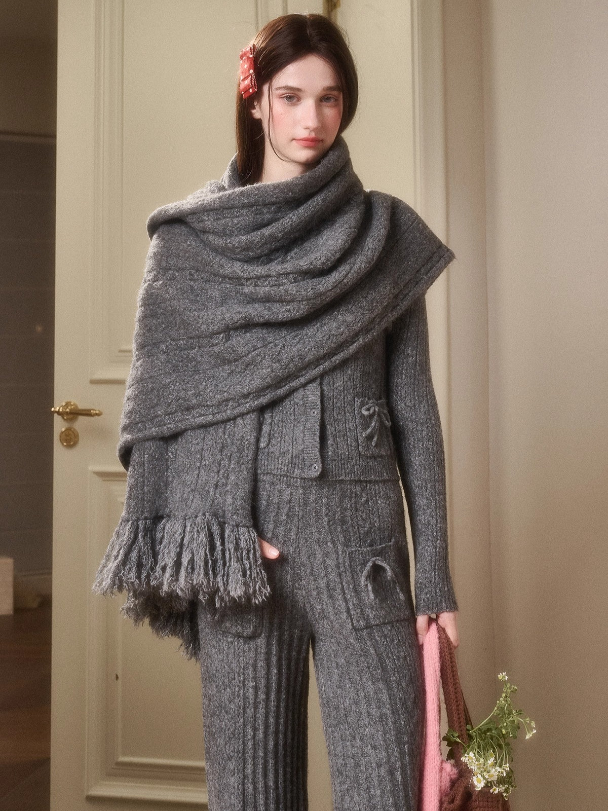 Velvet Bunny Wool Cloud Off-Shoulder Knit Cardigan &amp; Wide-Leg Pants Set