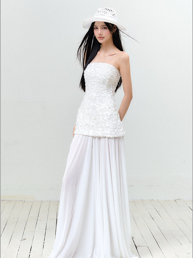 Sequin Mesh Strapless Dress