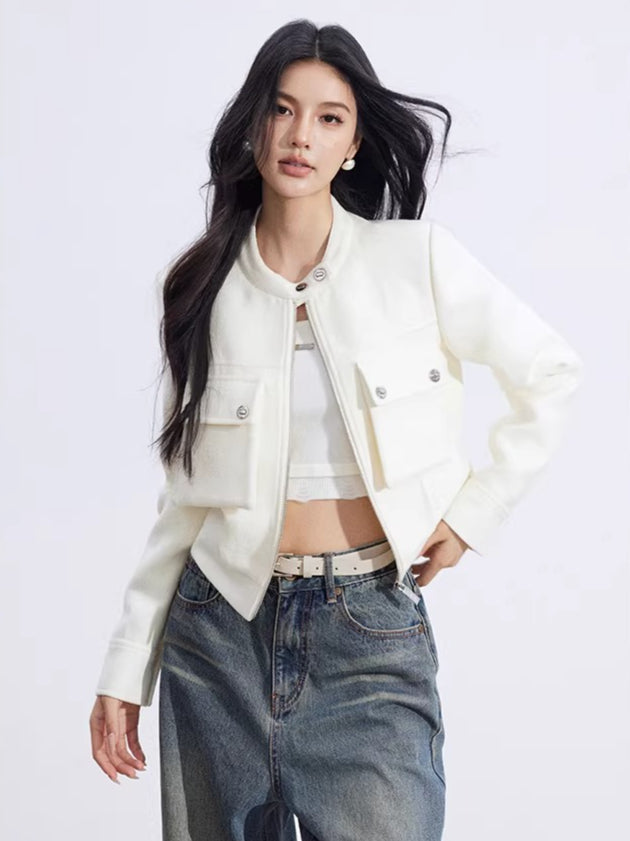 Chic Stand-Collar Tweed-Style Short Jacket