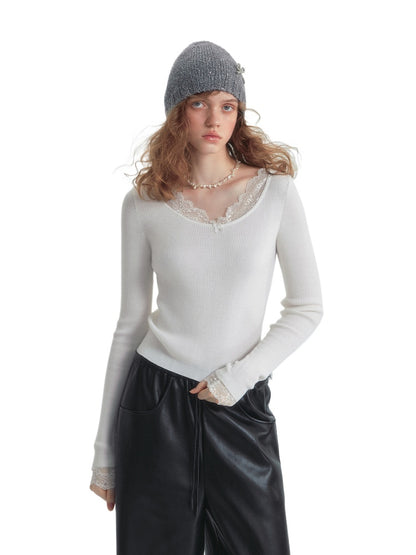 Lace-Trim Base Layer Knit Crewneck