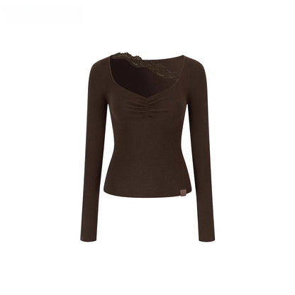 Ruched Lace-Trim Fitted Knit T-Shirt