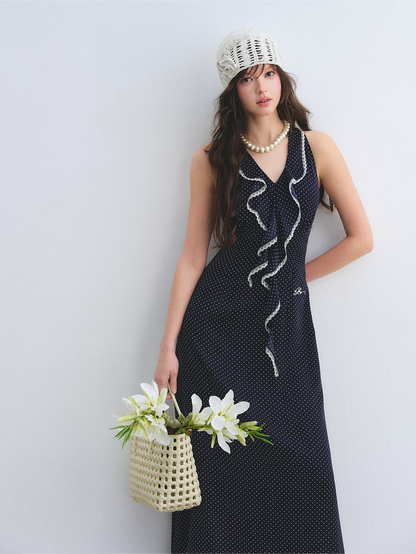 Navy Polka Dot Lace Ruffle V-Neck Sleeveless Midi Dress