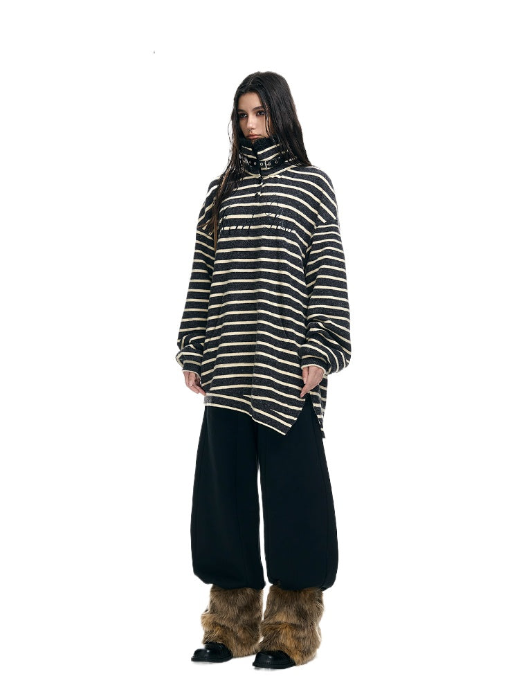 Striped Stand-Collar Fleece-Lined Loose Sweatshirt