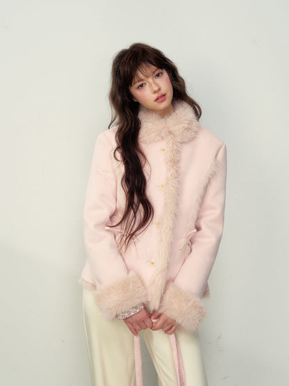 Khaki &amp; Pink Shearling Coat