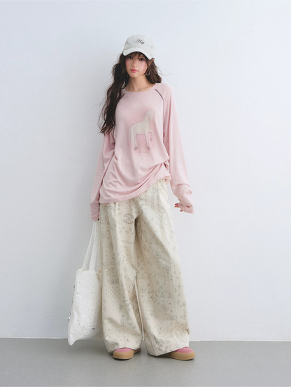 Lyocell Wool-Blend Raglan Sleeve Lace Hem Printed T-Shirt