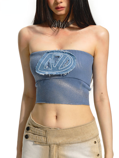 Knitted Denim Embroidered Bandeau Top - CHINASQUAD