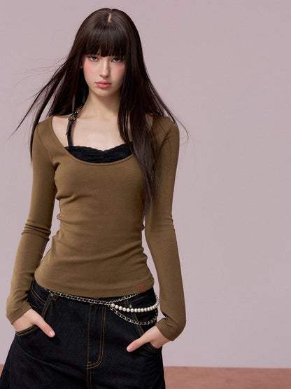 Lace-Panel Contrast Fitted Knit T-Shirt