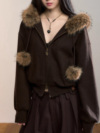 Faux Fur Collar Wool-Blend Fleece Jacket