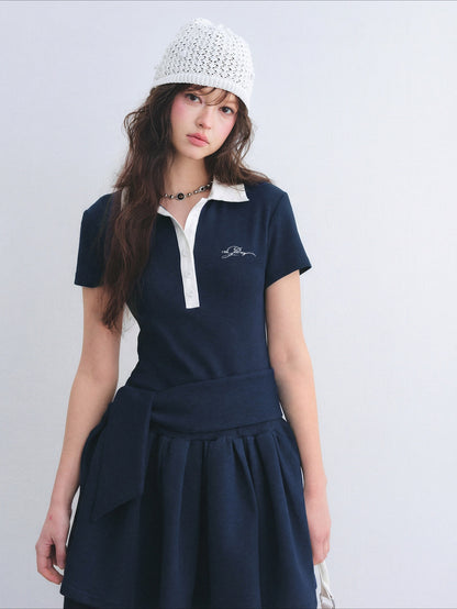 Contrast Polo Collar Puff Dress Two-Piece Set