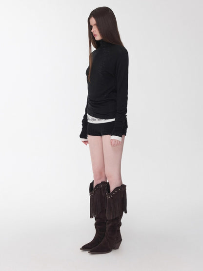 Rhinestone High-Neck Raglan Knit T-Shirt