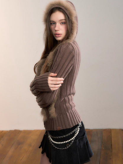 Fox Fur Trim Hooded Knit Cardigan