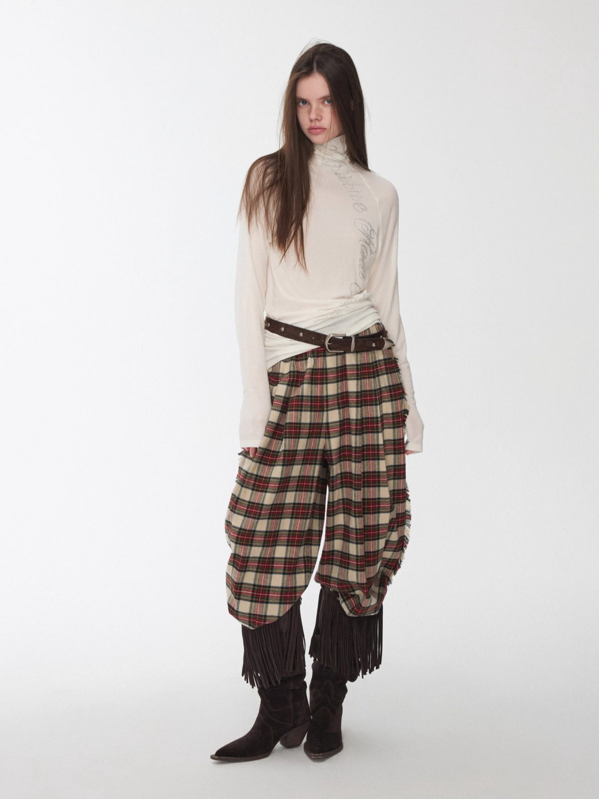 Vintage Red Plaid Brushed Cotton Wide-Leg Pants