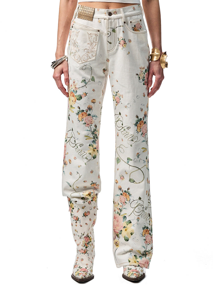 Floral Print Canvas Straight-leg Trousers