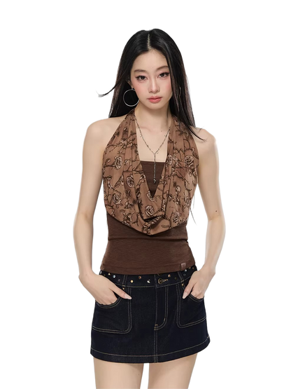 Draped Cowl Neck Halter Slim Tank Top