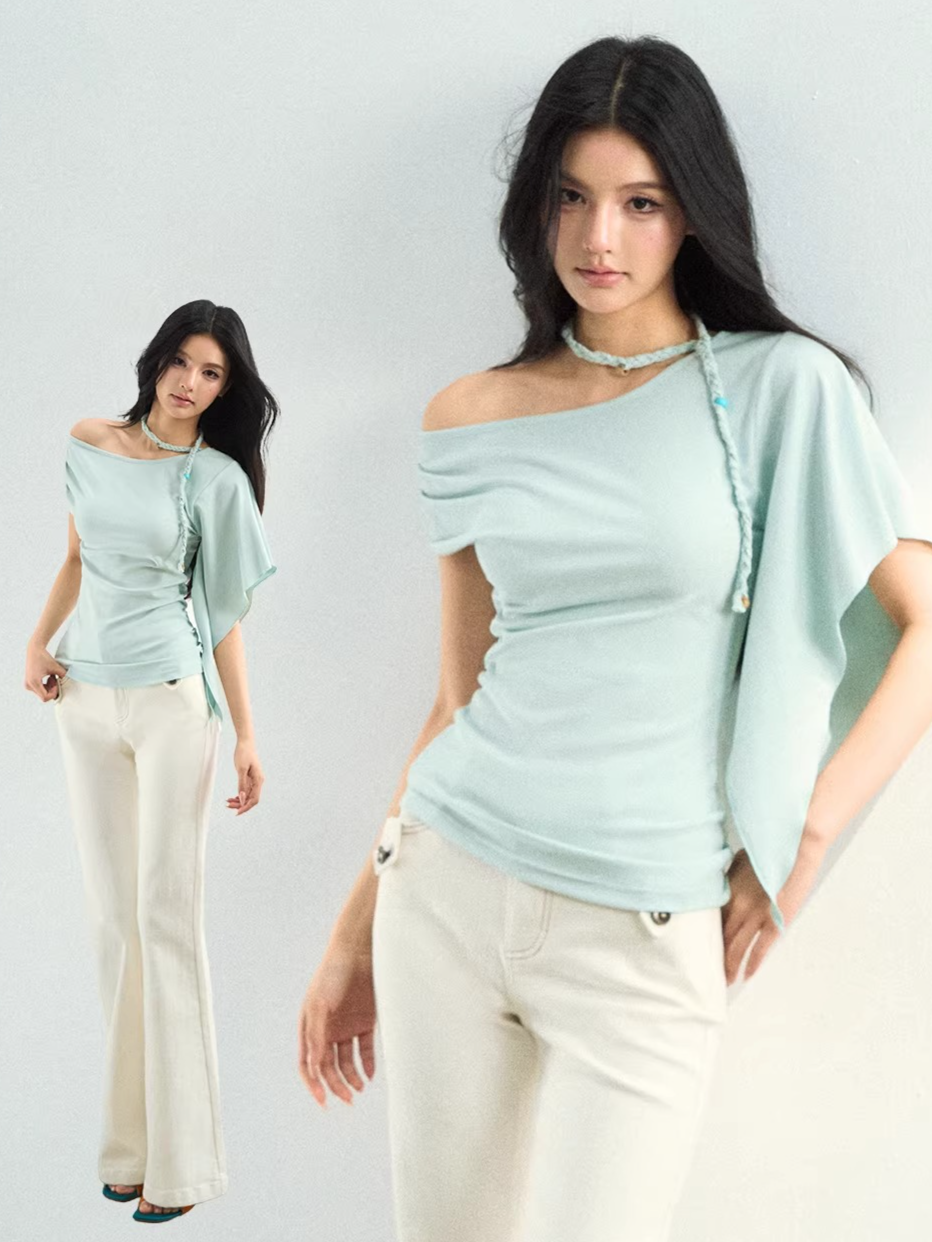 Asymmetrical Off-Shoulder Draped Blouse