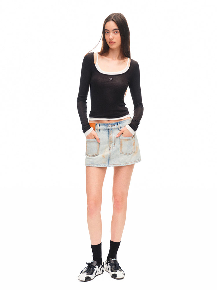 Washed Folded Low-waist Pencil Skirt - CHINASQUAD