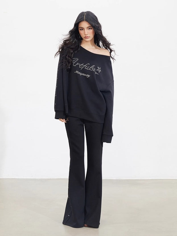 Studded Letter Off-Shoulder Sweatshirt