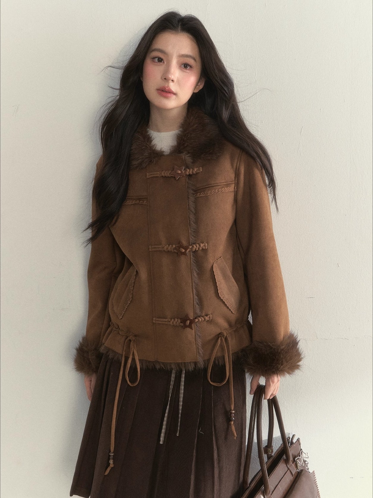 Oak Brown Suede Embroidered Shearling Jacket