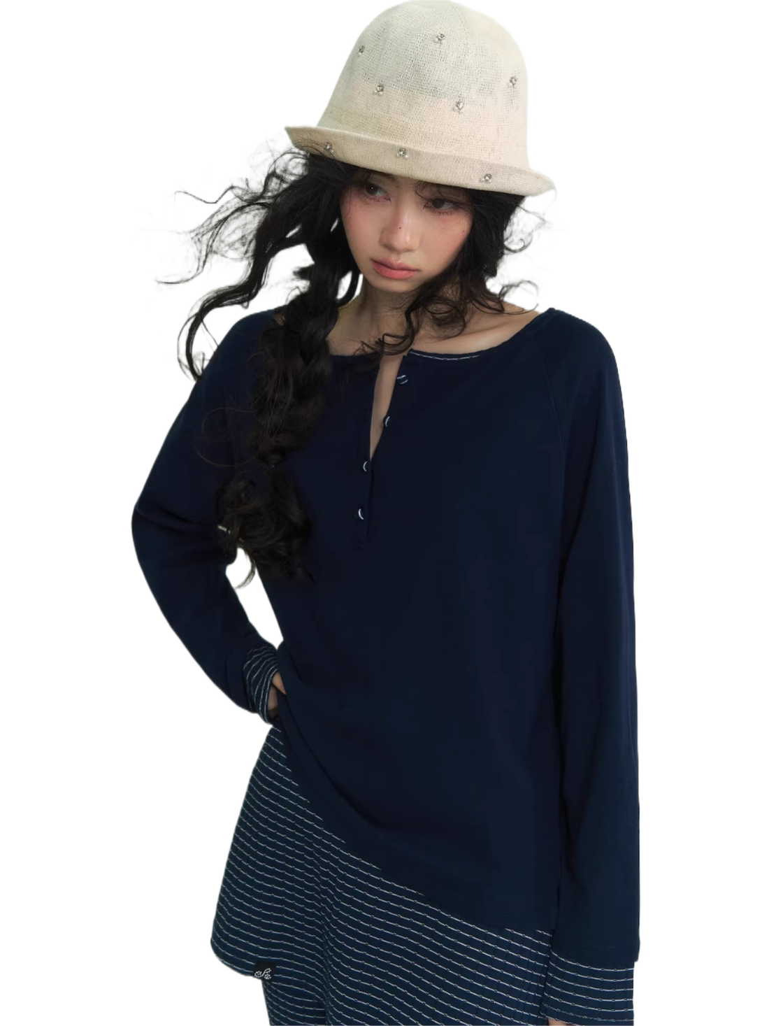 Patchwork Striped Henley Long Sleeve T-Shirt &amp; Layered Knit Flared Skirt Pants Set