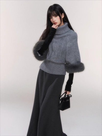 Cable-Knit Turtleneck Cape Sweater
