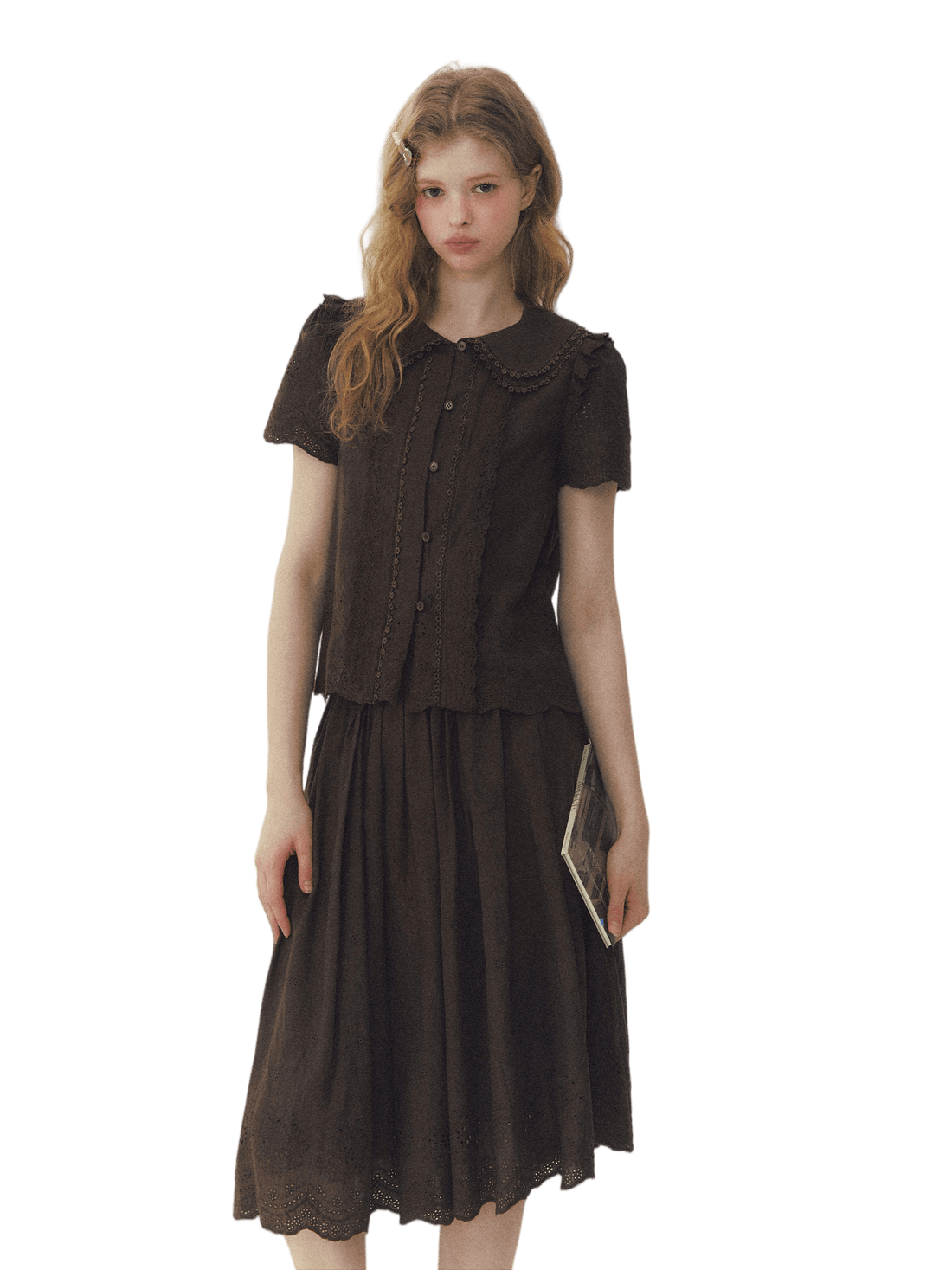 Peter Pan Collar Shirt &amp; Midi Skirt Set