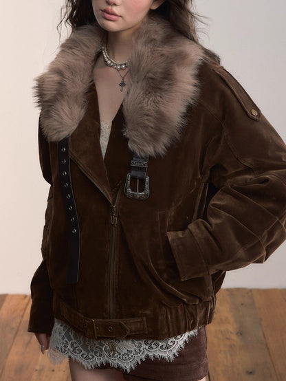 Belt Detail Retro Corduroy Down Jacket