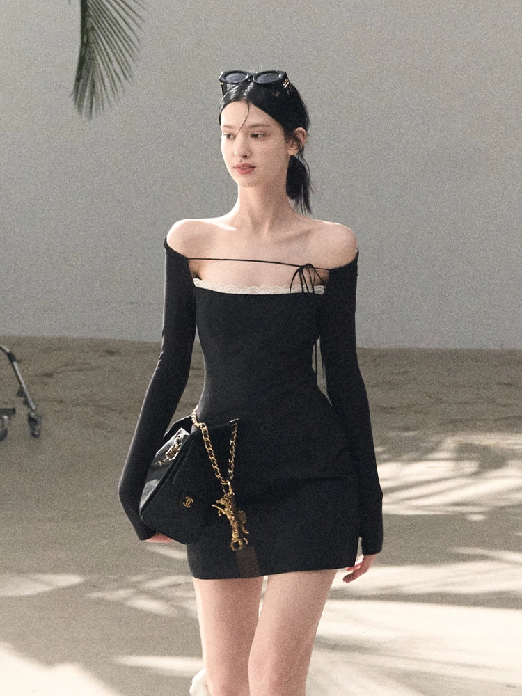 Slim-Fit Black Waist-Cinched Long-Sleeve Dress