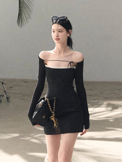 Slim-Fit Black Waist-Cinched Long-Sleeve Dress