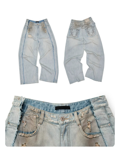 Vintage Mud-Wash Embroidered Barrel-Leg Jeans CHINASQUAD
