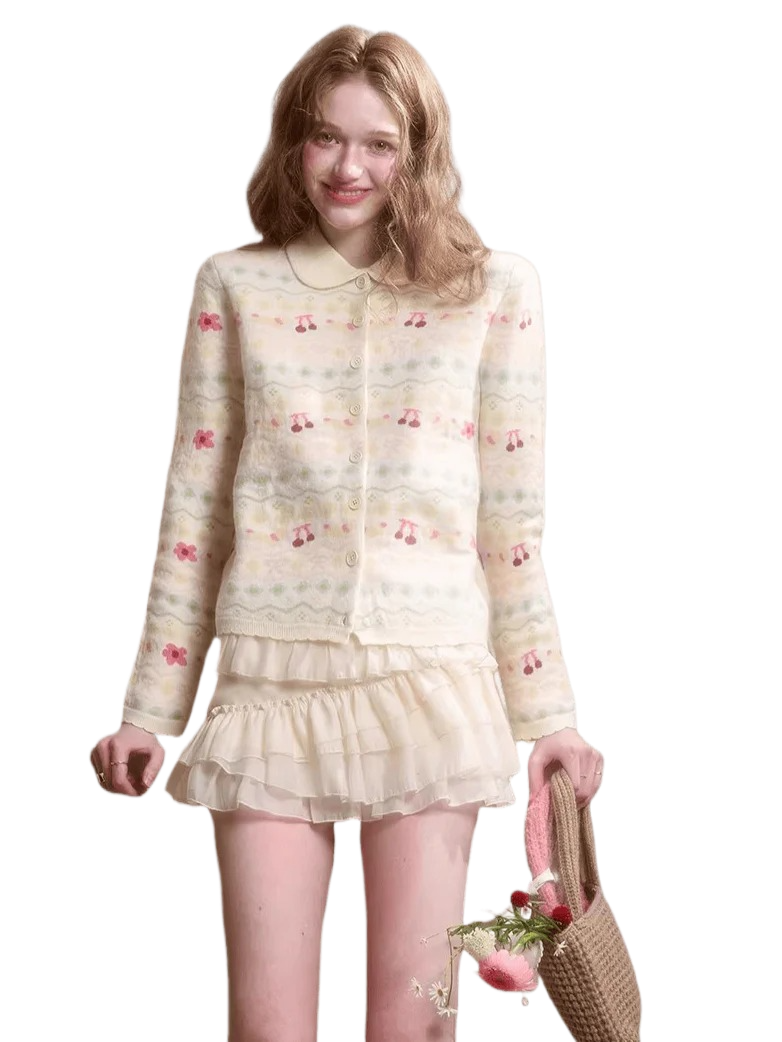 Jacquard Doll-Collar Knit Cardigan