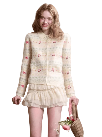 Jacquard Doll-Collar Knit Cardigan