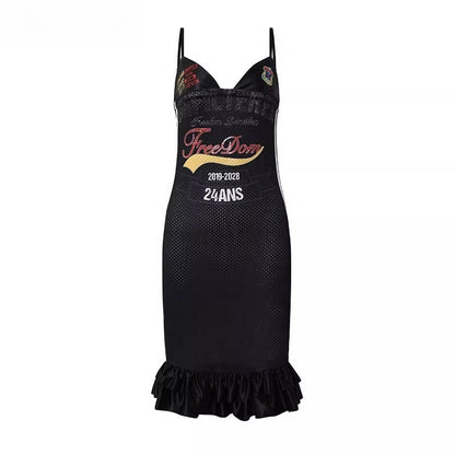 Letter-Print Lace-Trim Jersey Strap Dress