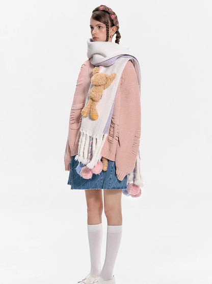 Jacquard Pom-Pom Knit Shawl Scarf