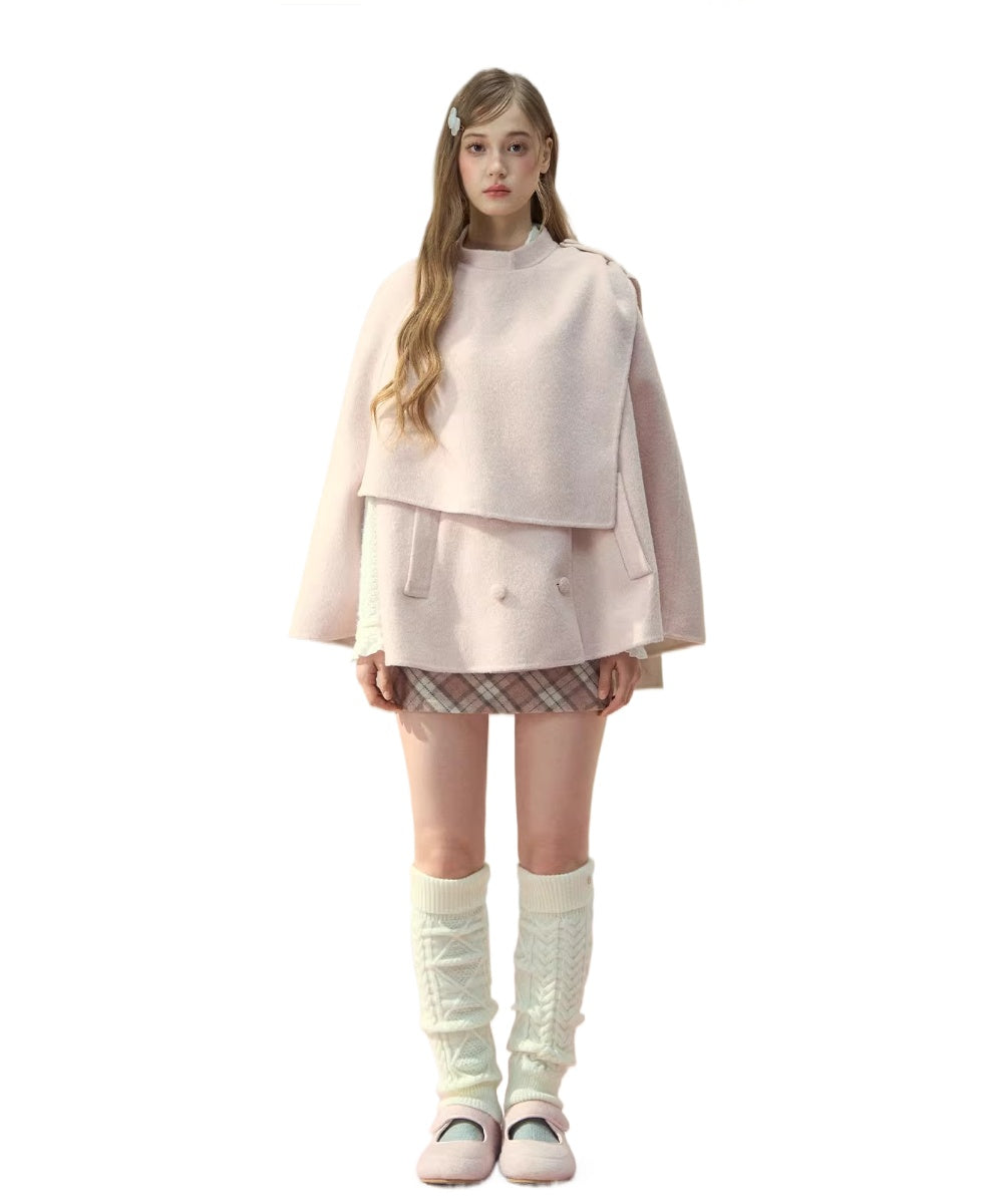 Wool Double-Faced Pink Cape Coat - CHINASQUAD