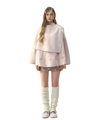 Wool Double-Faced Pink Cape Coat - CHINASQUAD