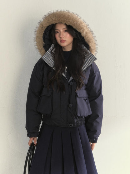 Glacier Blue &amp; Navy Plaid Panel Down Jacket