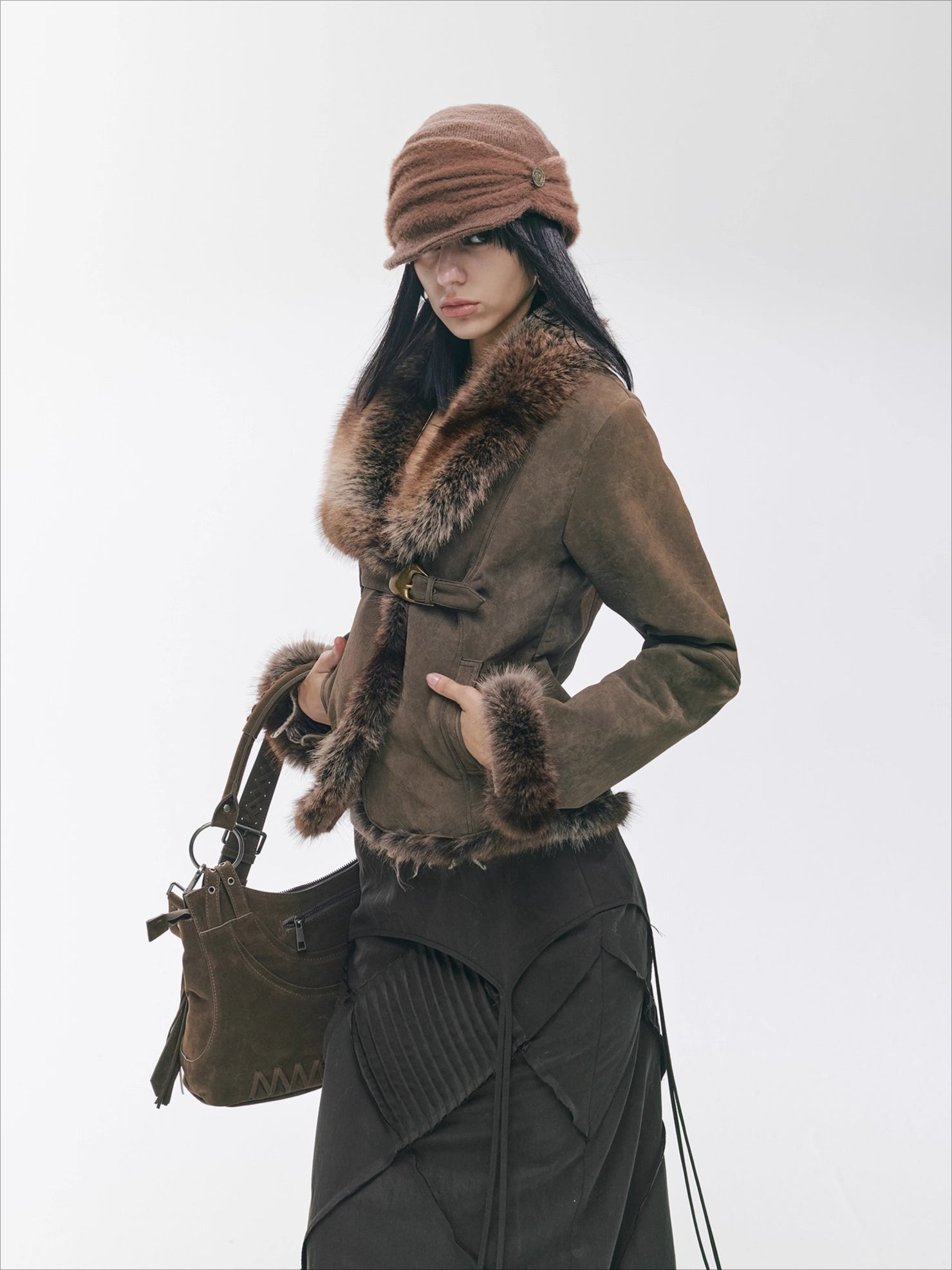 Vintage Asymmetric Shearling-Effect Suede Jacket