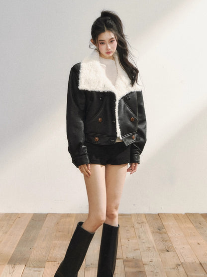 Black Faux Shearling Double-Breasted Leather Jacket