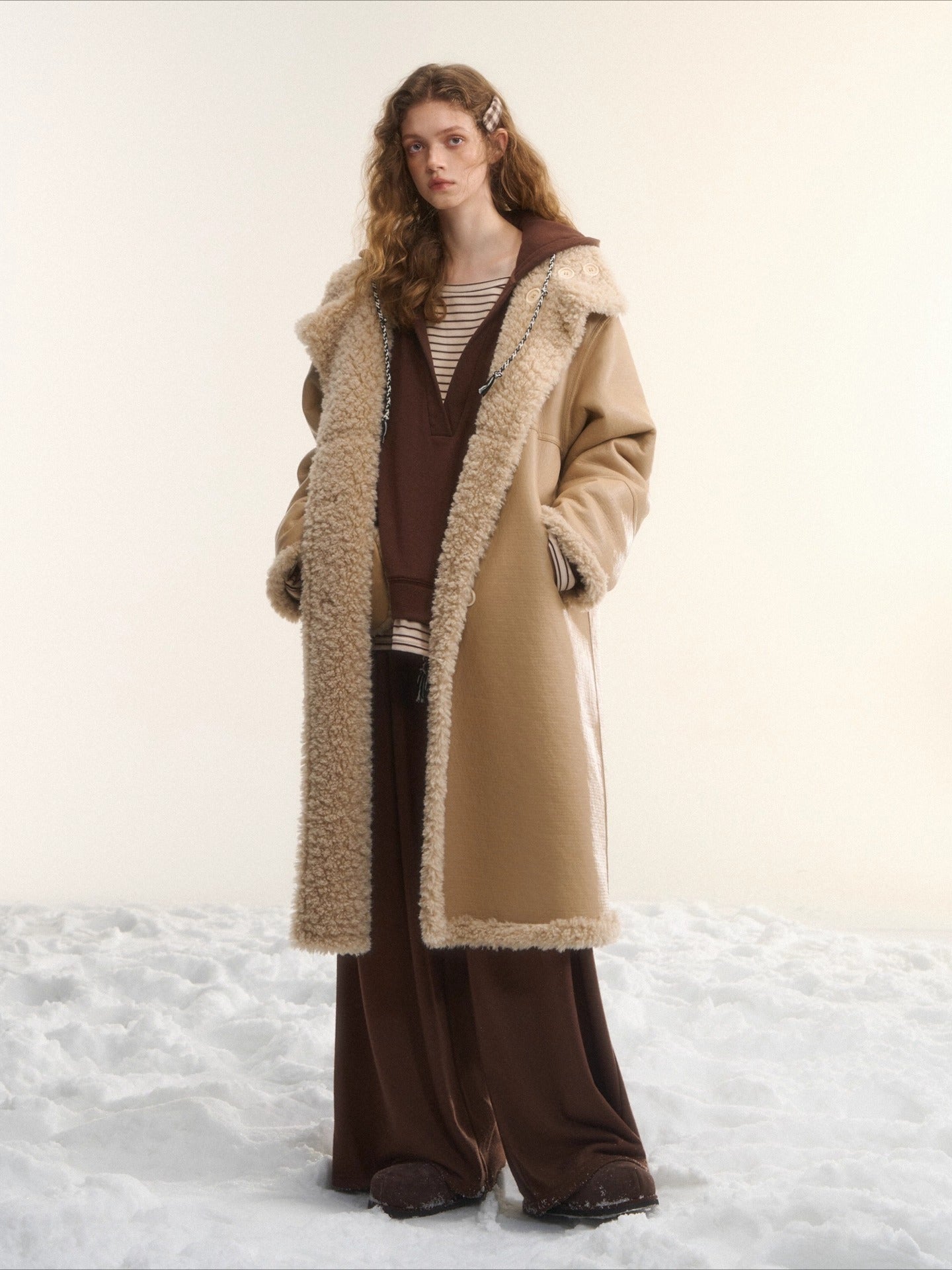 Shearling-Style Panelled Mid-Length Coat