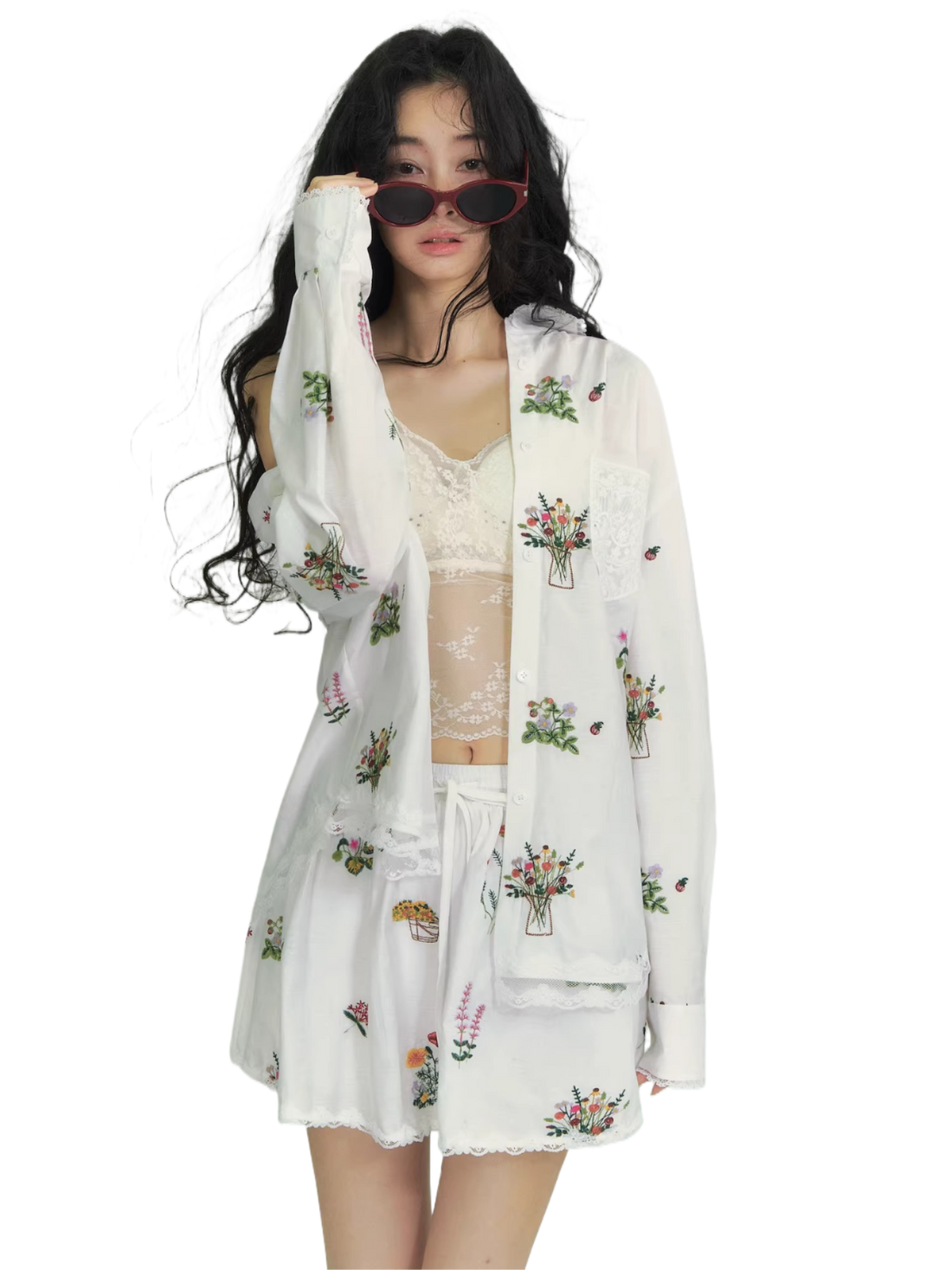 Floral Embroidered Lace Panel Shirt &amp; Mini Skirt Set