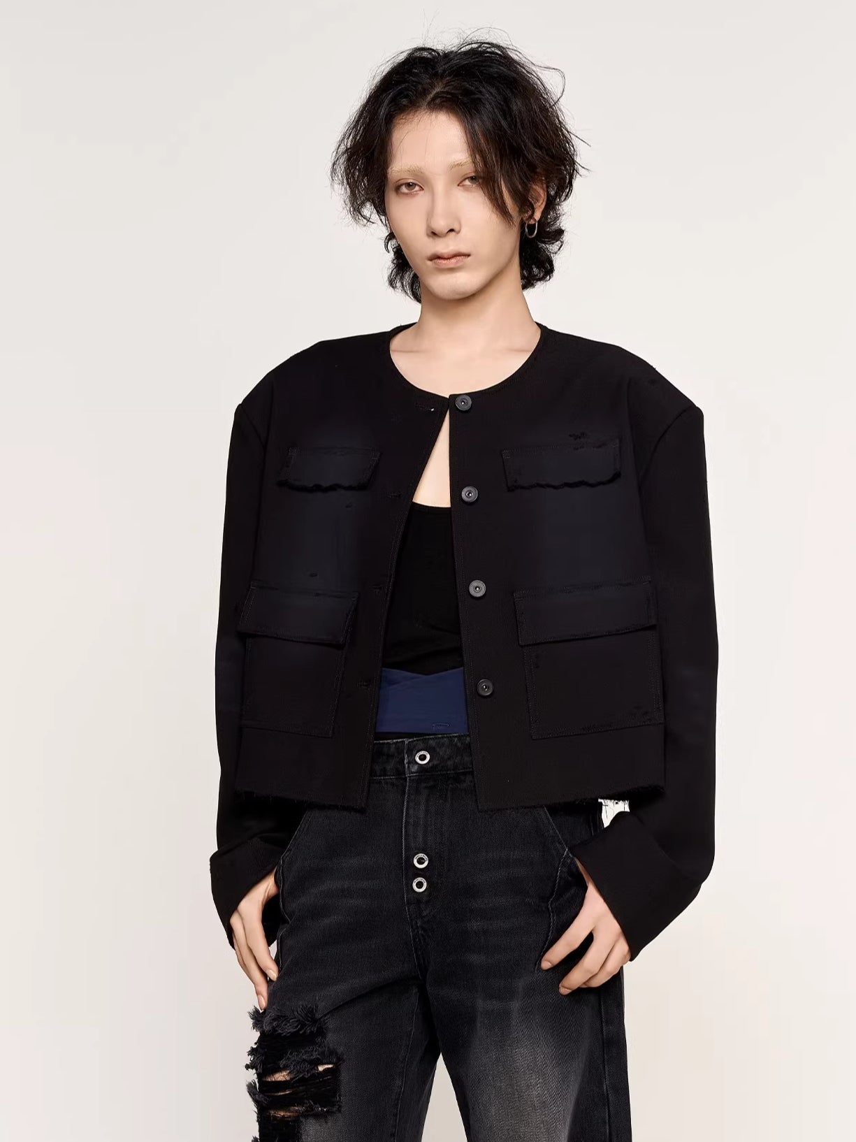 Washed Fringe-Edge Collarless Cropped Blazer