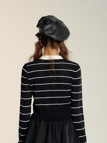 Black &amp; White Striped Ribbon Detail Cardigan